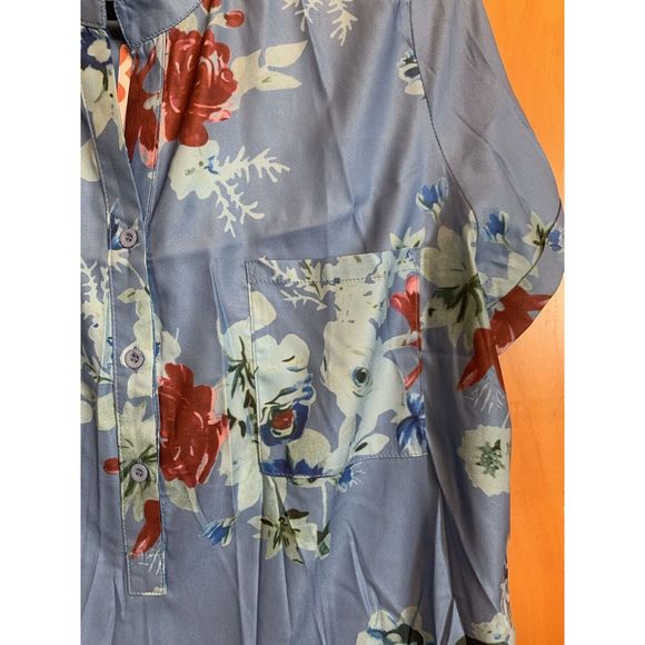 FloryDay Women’s Large Floral Print  Long Sleeve Button-Up Blue  Shirt - Picture 4 of 12